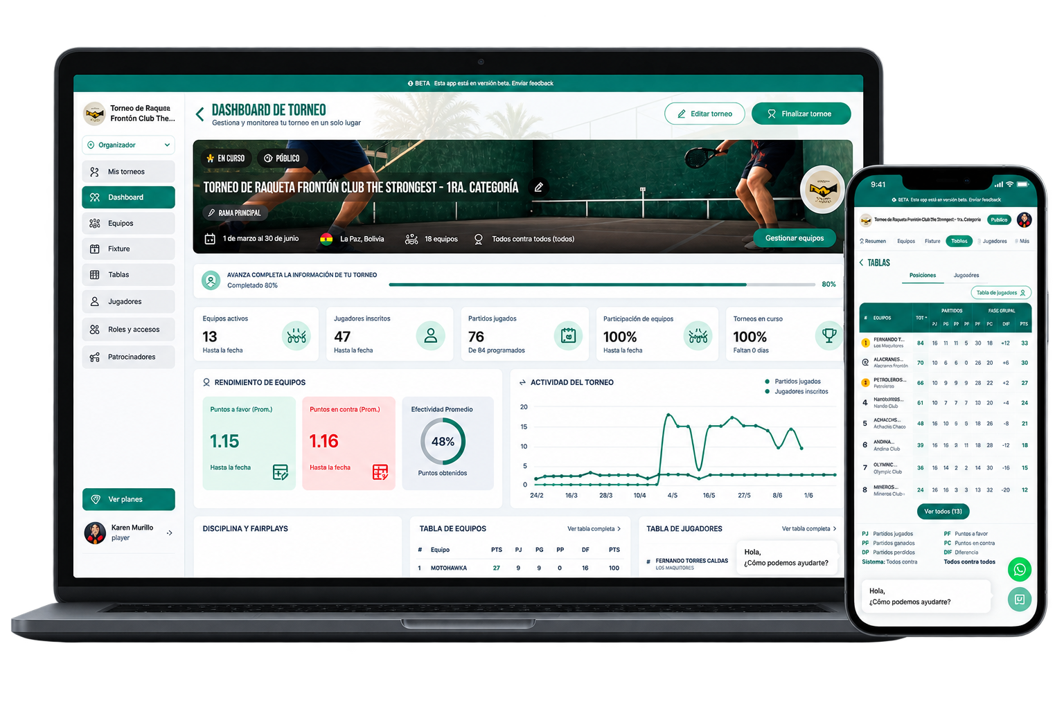 Plataforma de Teamateur para organizar torneos en escritorio y celular